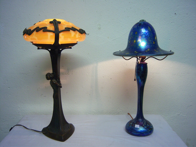 Art Nouveau bronze lamp, Art glass mushroom lamp