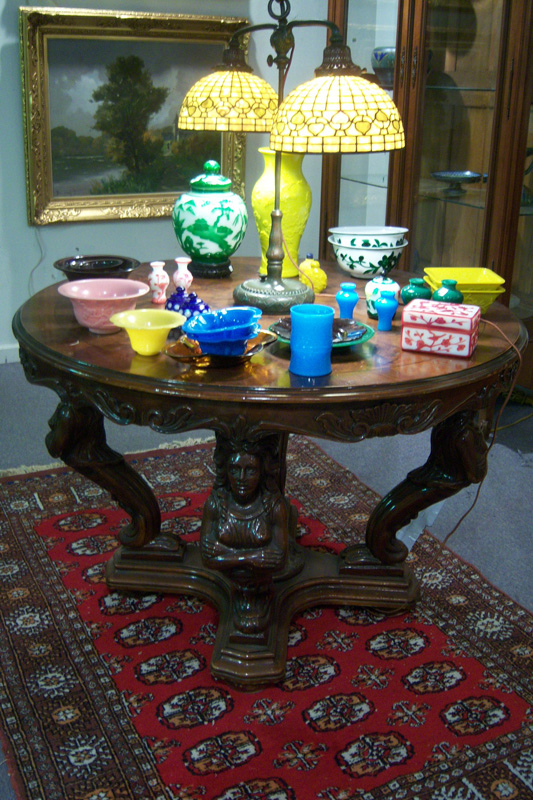 Highly carved center table - Tiffany bronze lamp...