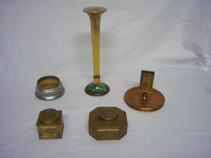Tiffany and Tiffany Studion bud vase, Panama Expo, ink wells, match holder...