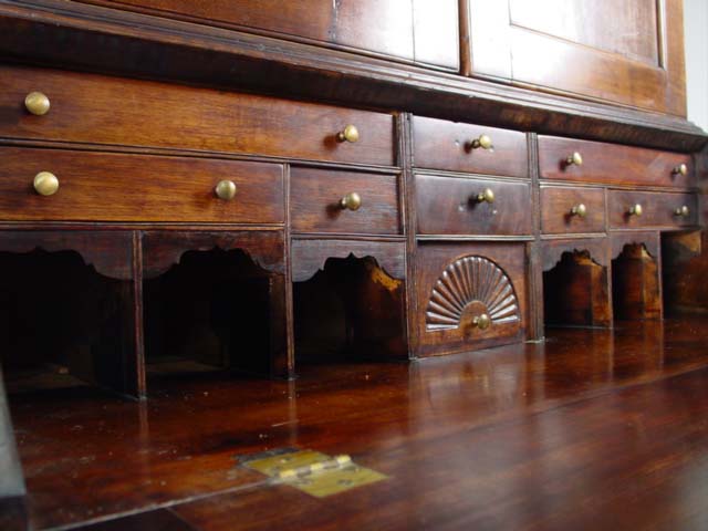 19th c. Cherrywood drop front sectional bookcase interior