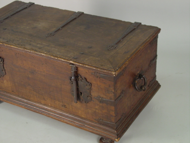 19th c. Spanish Colonial lift top chest w. iron straps side