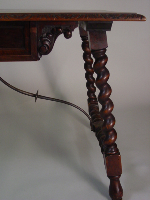 19th c. Spanish Colonial rope twist library table w. wrought iron leg