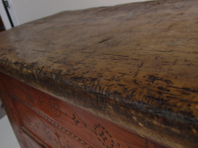 19th c. Spanish table w. orig. paint and primitive 1pc. slab top cu