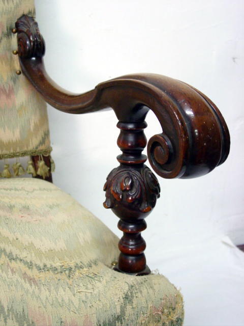 Highly Carved Walnut Spanish Revival Chair arm