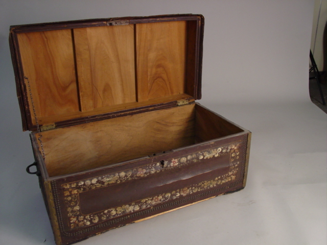Large Leather n brass tooled chest 19th c.  open