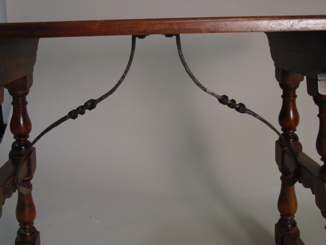 Walnut Spanish Revival table w. wrought iron cu