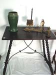 Spanish Revival table w. wr. iron sculpture pottery vase