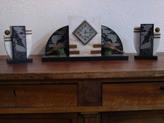 Art Deco 3pc. marble clock set