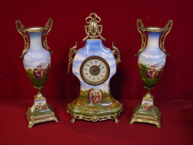 French 3 pc. porcelain clock set