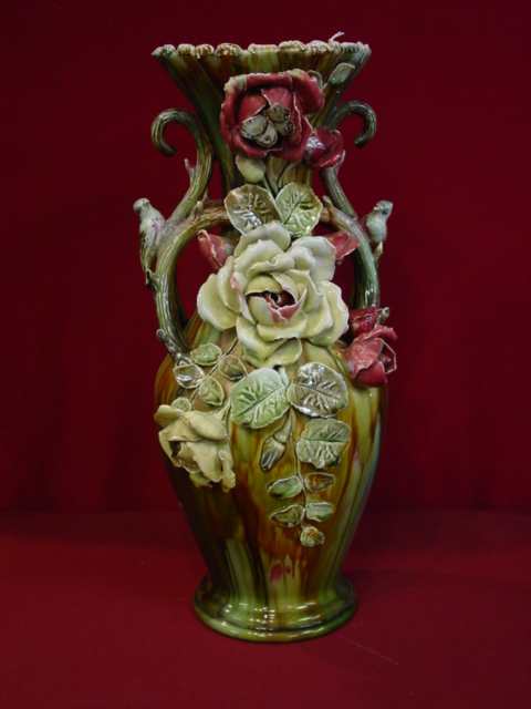 Majolica 19th c ornate vase w roses