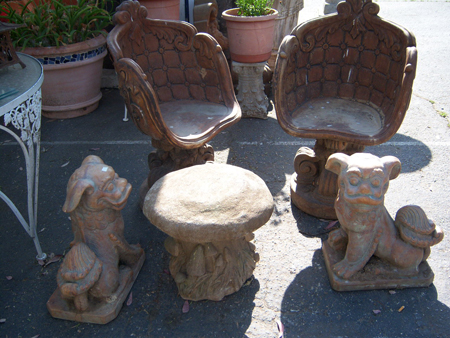 Cement patio chairs and Foo dogs