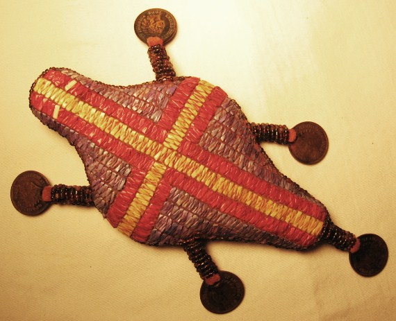 1890's Northern Plains quilled turtle fetish with five 1906 pennies attached