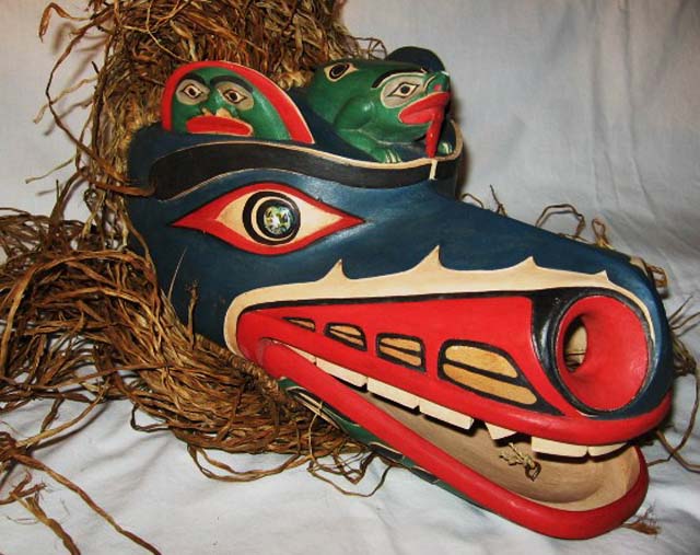 Early 1900's Northwest Coast Kwakiutl articulating raven mask with corn husk hair
