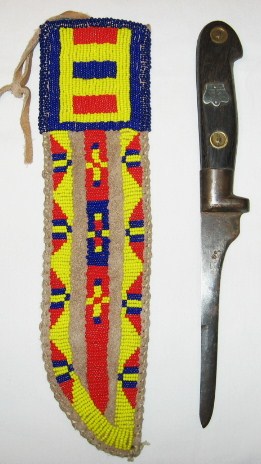 Reservation period 1930-40's Sioux beaded knife sheath & 19th century trade knife.