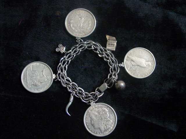 4 Silver Dollars & Charm Bracelet