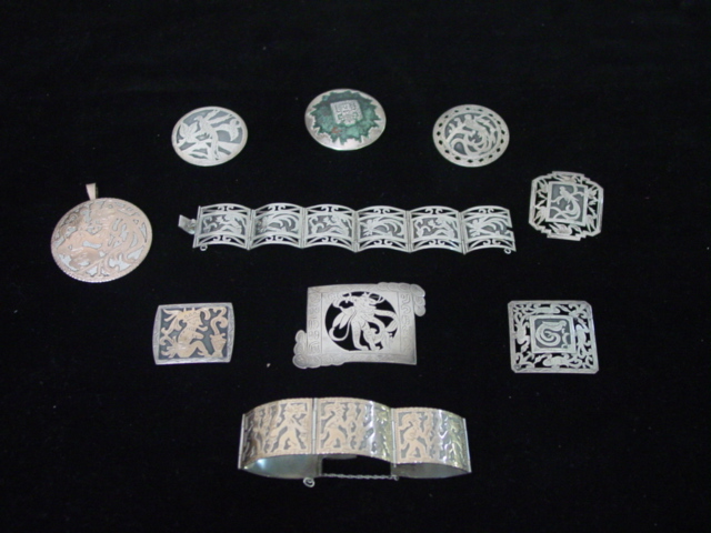 Mex.Sterling inlaid bracelet-pendants brooches