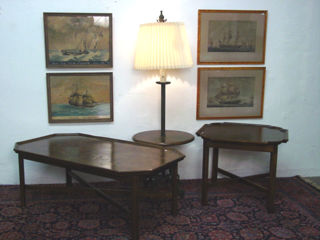 Schooner prints chippendale tables and wrought iron lamp